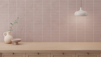 Minimal cozy counter mockup design for product presentation background. Branding in Japan style with bright wood counter and pink beige tile wall with vase plant bowl lamp. Kitchen interior 3D render.