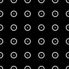 Vector illustration. Geometric seamless pattern. Solid dots and rhombus-shaped linear circles. Spotted black and white background. Simple black and white abstract pattern.