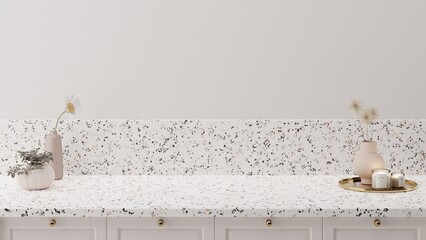 Minimal cozy counter mockup design for product presentation background. Branding in modern style with white granite top tile wall and beige counter with daisy dandelion. Kitchen interior 3D render.