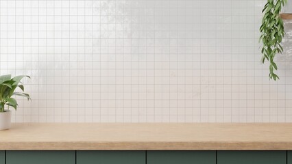 Minimal cozy counter mockup design for product presentation background. Branding in Japan style with bright wood top green counter gloss tile wall with vase plant pot. Kitchen interior 3D render.