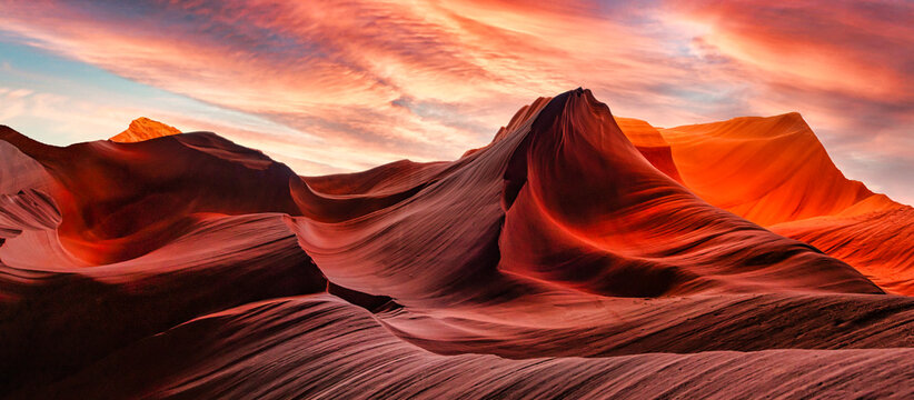 valley sunset at famous antelope canyon, arizona, america near grand canyon. Beauty of nature and travel concept. 