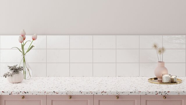 Minimal cozy counter mockup design for product presentation background. Branding in modern style with white granite top tile wall and pink counter with tulips dandelion. Kitchen interior 3D render.