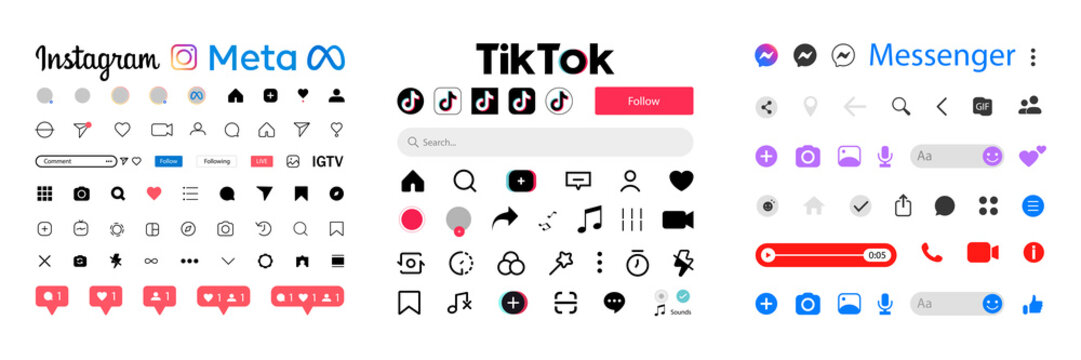 Instagram, TikTok, Messenger icons, symbols. Template frame for social media. Interface template. Screen interface. Kyiv, Ukraine - March 26, 2022