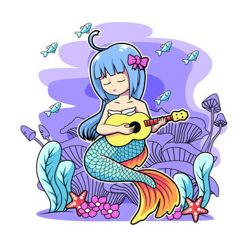 mermaid playing gitar verctor illustration cartoon design