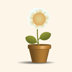 Simple white flower in flowerpot with 3d effect