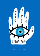 Evil eye and hand ancient mediterranean symbol of protection and good luck vector graphic design.