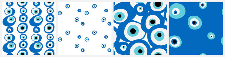 Evil eye seamless pattern set. Traditional mediterranean and west asia symbol of protection styled as repeat background in vivid blue, navy and white colors.