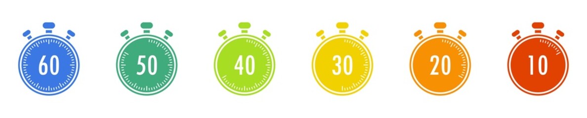 Set of colorful timers. 10, 20, 30, 40, 50, and 60 minutes. Countdown timer icon set. Stopwatch. Clock. Vector illustration. - obrazy, fototapety, plakaty