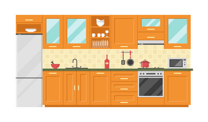 Vector flat illustration, kitchen interior, furniture, food preparation equipment, tableware