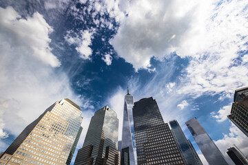 Clouds float over Brookfield skyscraper in Lower Manhattan on October 08, 2021 in New York City NY...