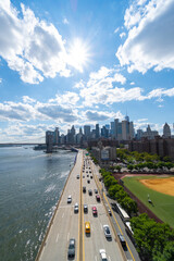 FDR Drive runs toward Lower Manhattan skyscraper beside the East River on August 02, 2021 in New...