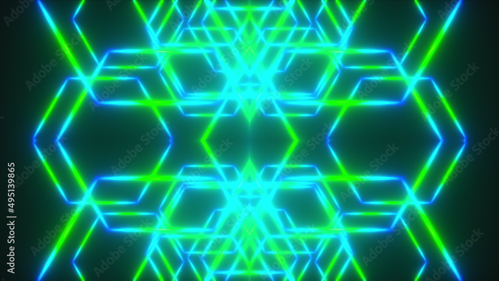 Poster abstract neon kaleidoscope background, 3d rendering computer generated background