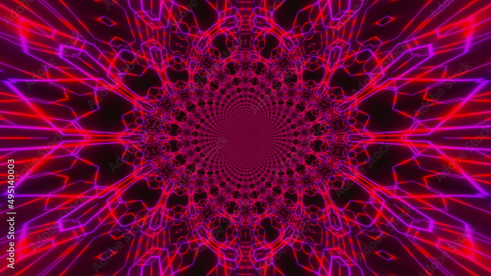 Poster neon road from the triangular arcade and balls, computer generated. 3d rendering of virtual backgrou