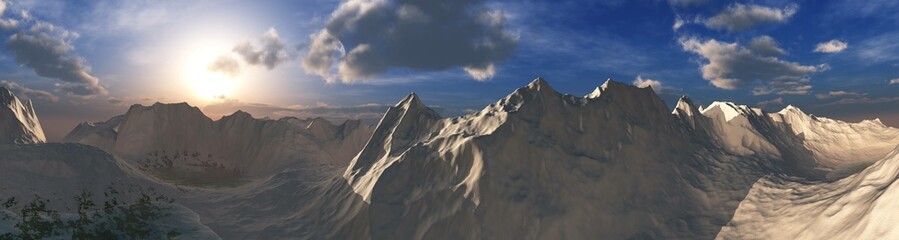 Panorama of a mountain landscape at sunrise, snowy peaks in clouds and rays of the sun, 3d rendering