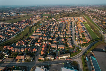 Aerial View Houses Residential British England Drone Above View Summer Blue Sky Estate Agent.