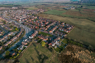 Aerial View Houses Residential British England Drone Above View Summer Blue Sky Estate Agent.