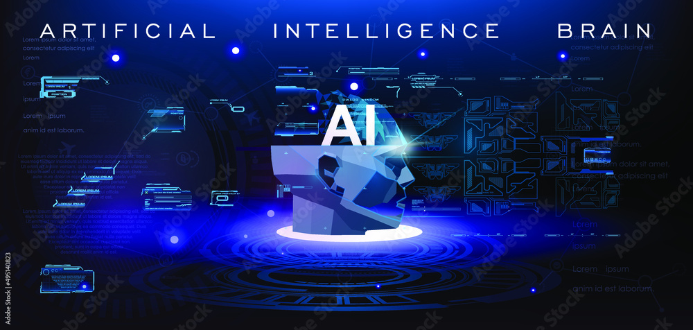 Poster concept of artificial intelligence brain. abstract glowing digital brain with user interface. futuri