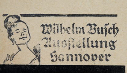 Briefmarke stamp alt old vintage retro used gestempelt cancel papier paper frau woman Wilhelm Busch ausstellung Hannover 1932 slogan werbung werbestempel Fromme Helene