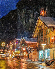 Colorful painting modern artistic artwork, drawing in oil European famous street view, beautiful old vintage house, textured brush strokes, design print for canvas or paper poster, touristic product