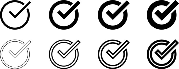 black confirm vector icons set. Confirm icon. black confirm vector icons. circle tick approved icon. Approval check icon