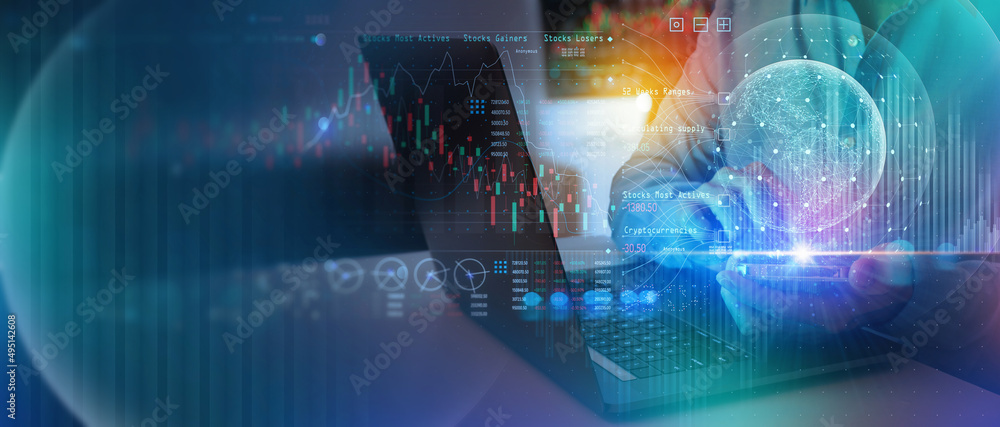 Aufkleber Businessman working with smartphone on Technology and digital marketing. Financial and banking with global network connection on investor and customer with sale data exchange and development.