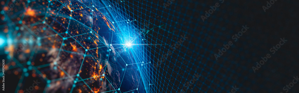 Poster Communication technology for internet business. Global world network and telecommunication on earth cryptocurrency and blockchain and IoT. Elements of this image furnished by NASA