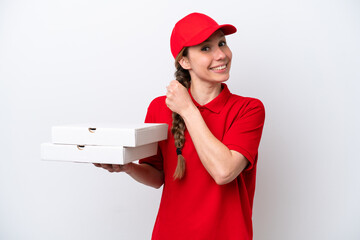 pizza delivery woman with work uniform picking up pizza boxes isolated on white background...