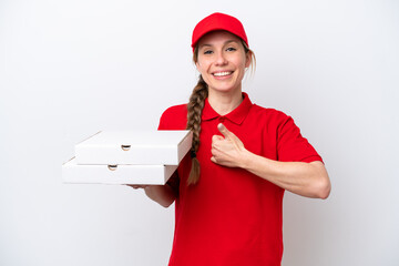 pizza delivery woman with work uniform picking up pizza boxes isolated on white background giving a...