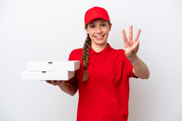 pizza delivery woman with work uniform picking up pizza boxes isolated on white background happy and counting three with fingers