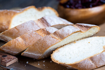 cut fresh wheat baguette into several pieces