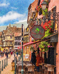 Fototapeta premium Colorful painting modern artistic artwork, drawing in oil European famous street view, beautiful old vintage house, textured brush strokes, design print for canvas or paper poster, touristic product