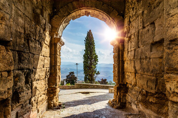 Porta all'Arco door, Landmark of Volterra, Tuscany – Famous etruscan city gate with back light