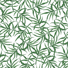 Naklejka na ściany i meble Seamless pattern with tropical palm green leaves of chamedorea on a white background. Exotic natural print. Watercolor illustration. For textiles, packaging.