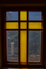 A stained-glass window in the premises of an Orthodox monastery