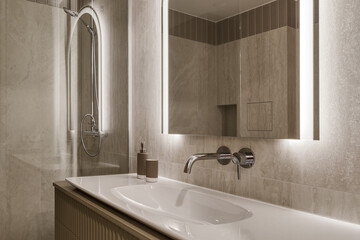 Modern minimalist bathroom interior design with marble stone tiles, arch mirror with led lighting...