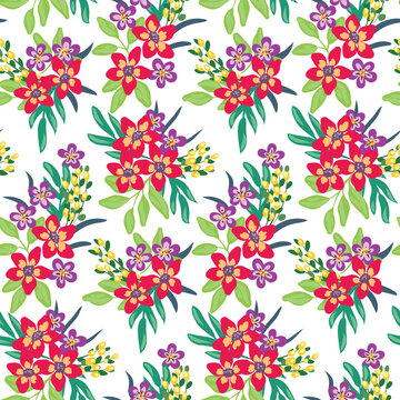 Seamless pattern with simple tropical bouquets. Floral print with bright flowers, leaves on a white background. Botanical cover with painted plants. Vector illustration.