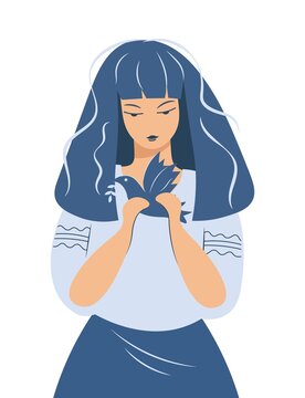 Sad girl with a dove in her hands. Nice suffering woman in national dress. Pray for Ukraine. Vector isolated illustration. Design for banner, web page.