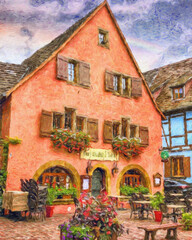 Colorful painting modern artistic artwork, drawing in oil European famous street view, beautiful old vintage house, textured brush strokes, design print for canvas or paper poster, touristic product