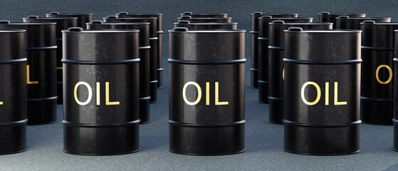 Black metallic barrels with oil standing. 3D render.