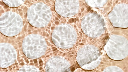 Water ripples and waves over cotton pads arranged in lines on beige background | Background for beauty products. Cleansing lotion commercial concept