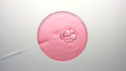 Top view shot of petri dish with pink liquid and a lab dropper that makes air bubbles on light grey...