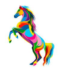 Abstract horse rearing up, horse running at a gallop from multicolored paints. Colored drawing. Vector illustration of paints