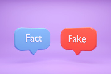 Fact or Fake concept. Blue and red speech bubbles on lilac background. 3d rendering illustration.