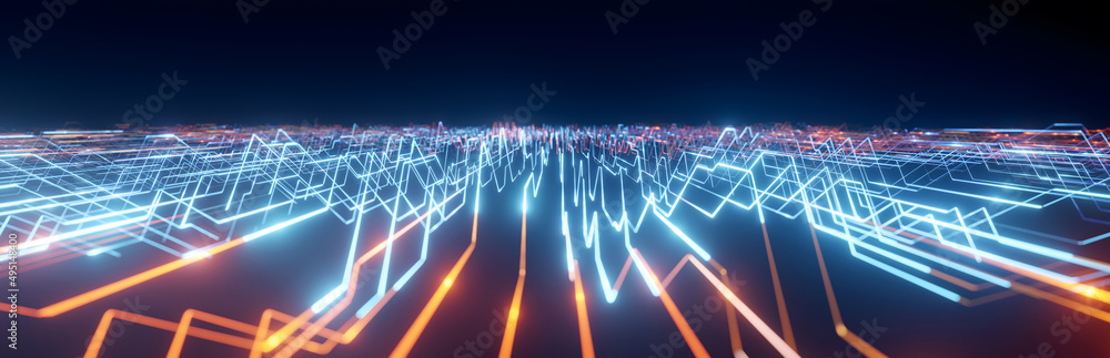 Poster super wide abstract data center, server, internet, speed background. futuristic hud tunnel. blue tec