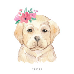 Hand painted watercolor dog portrait, labrador with floral wreath
