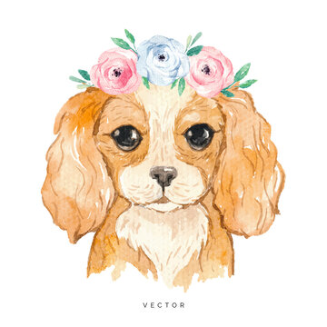 Hand painted watercolor dog portrait, spaniel with floral wreath