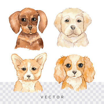 Hand painted watercolor dog portraits, isolated illustration