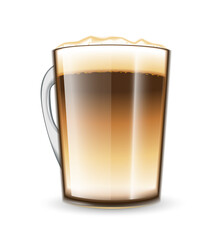 Realistic glossy glass cup full of hot cappuccino or latte. Vector  illustration