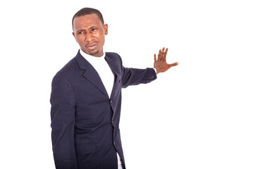 young angry businessman showing stop gesture.