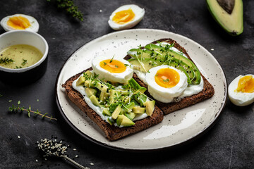 Two toasts with avocado, poached egg and microgreen. diet or vegetarian food. Top view
